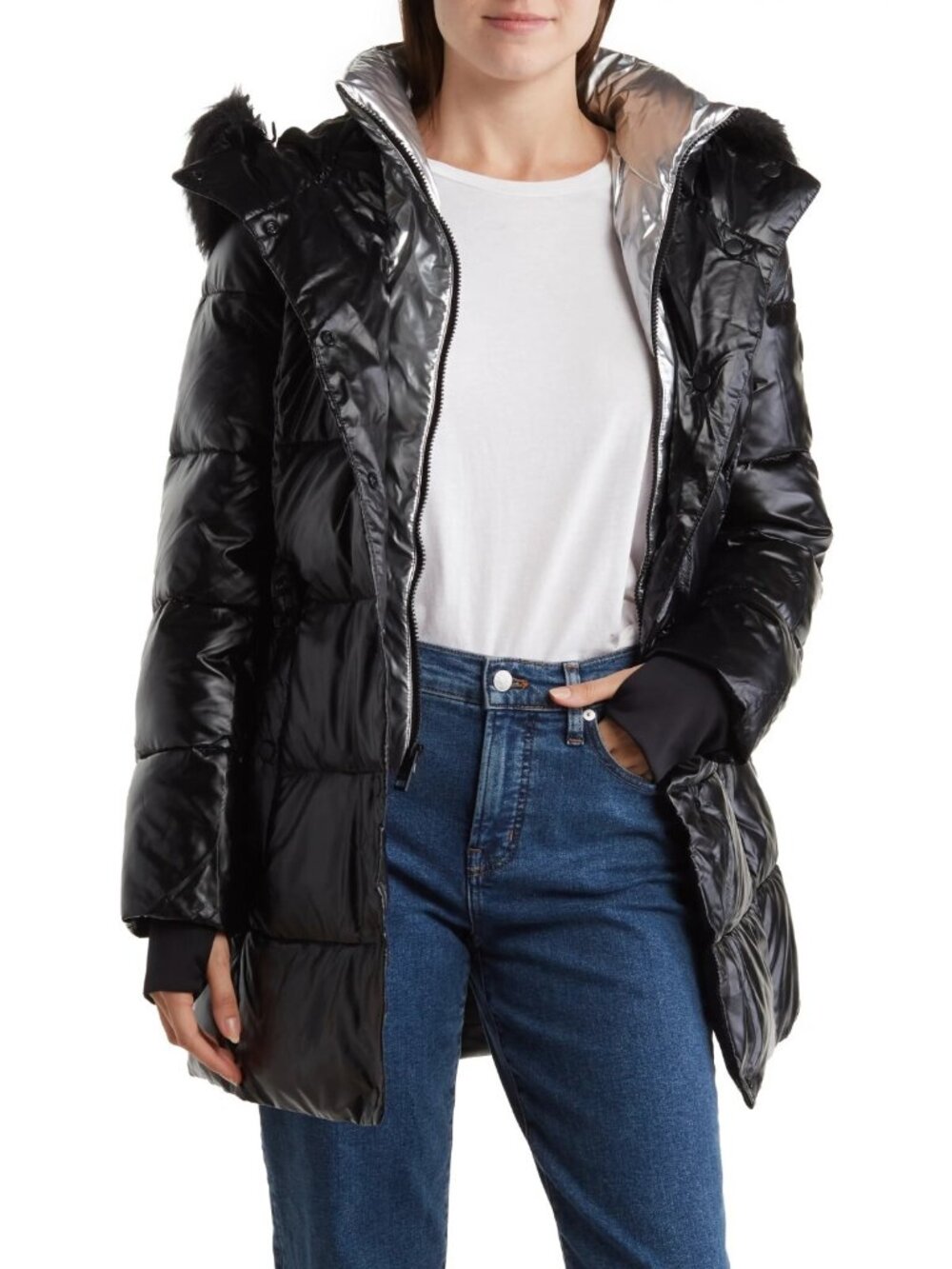 Michael Kors Women's Faux Fur Trim Hooded Quilted Puffer Jacket Black Size XS